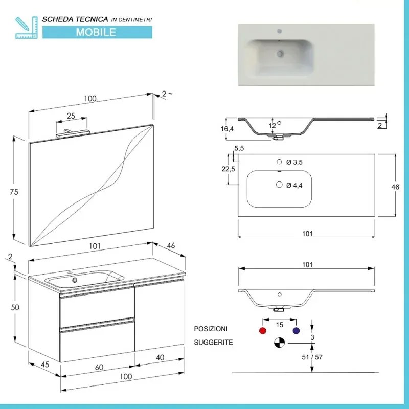 Composizione bagno sospesa 100 cm Master grigia con top e specchio