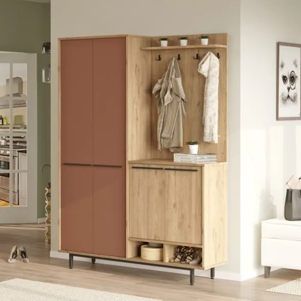 Mobile Ingresso Multiripiano Con Scarpiera E Appendiabiti Whisper Effetto Legno E Rosso