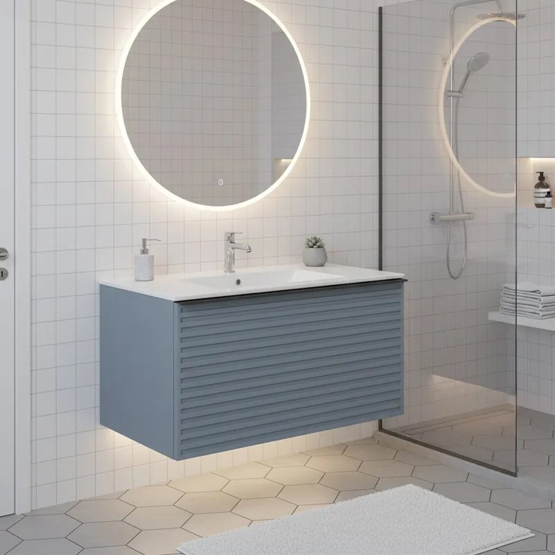 Mobile da bagno sospeso sotto lavabo Pixel stripes 1 cassetto L 80 x H 40 x P 45.5 cm blu indaco e maniglia alluminio nero opaco