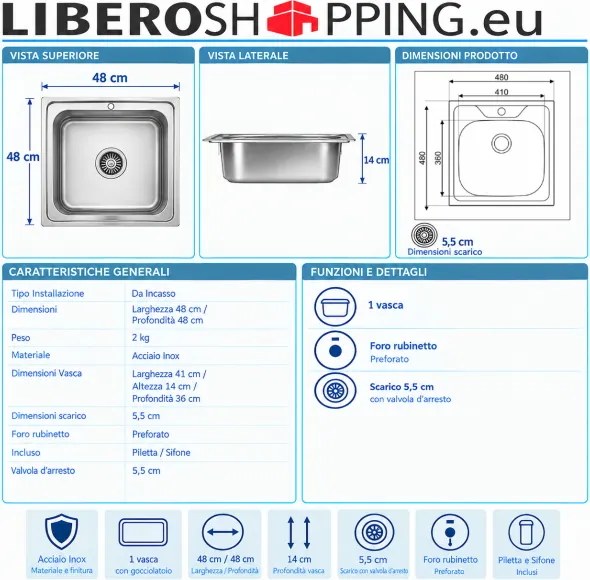 Lavello incasso 1 vasca 48x48 cm a pozzetto acciaio inox