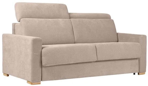 Divano letto con poggiatesta regolabili in tessuto effetto velluto beige a 3 posti con materasso da 18 cm NORO