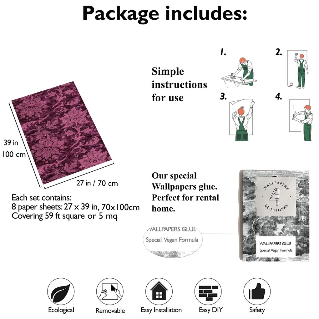 Carta da Parati Carta da Parati Damascata Bordeaux 15€/mq | Spedizione Gratuita | Carta Da Parati Camera Da Letto | Carta Da Parati Bagno | Carta Da
