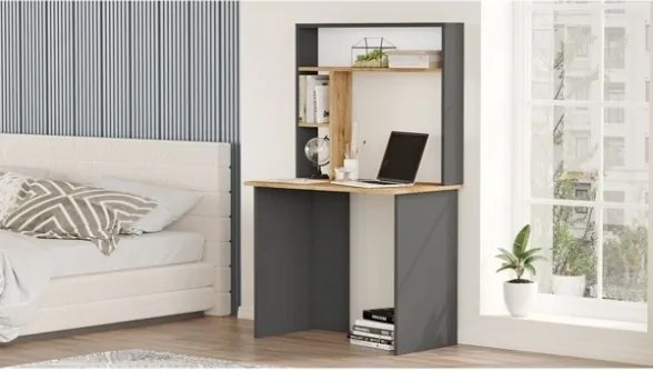 Scrivania Libreria Con Mensole E Scaffali 90x52x149H Rovere E Antracite Bremen