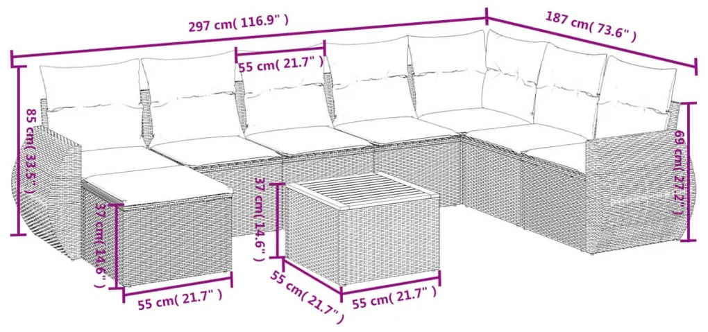 Set divani da giardino 9 pz con cuscini nero in polyrattan