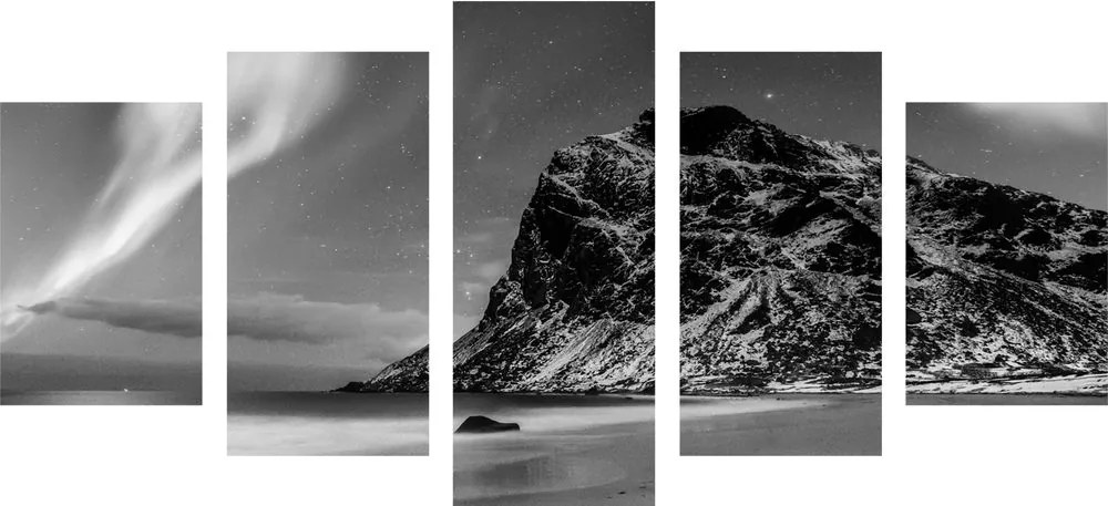 Quadri 5 pezzi – Aurora boreale in Norvegia in bianco e nero