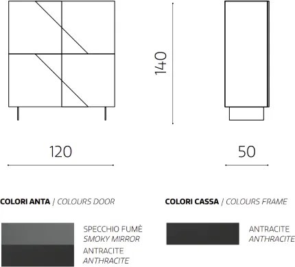 Madia credenza 4 ante in vetro specchio Fum cassa Antracite ARTE 120 con 2 piedini