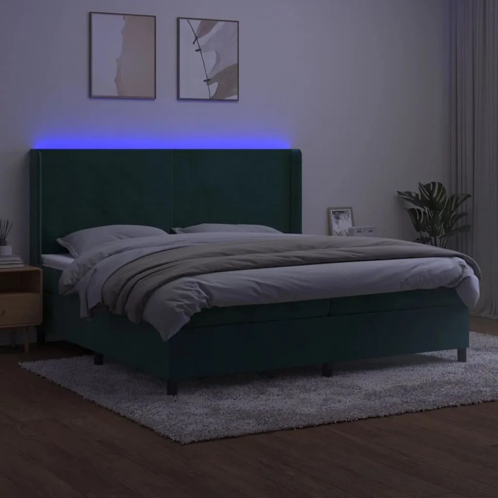 Letto a molle con materasso e led verde scuro 200x200cm velluto