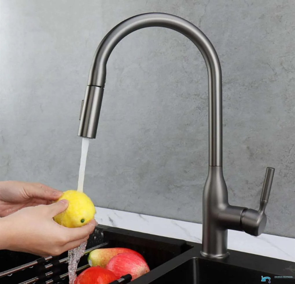 Rubinetto da cucina EYN KS15174 da piano con doccetta estraibile multigetto, bocca girevole e più finiture — Cromo