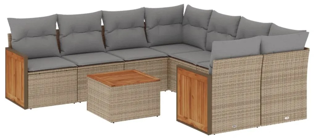 Set Divano da Giardino 9 pz con Cuscini Beige in Polyrattan