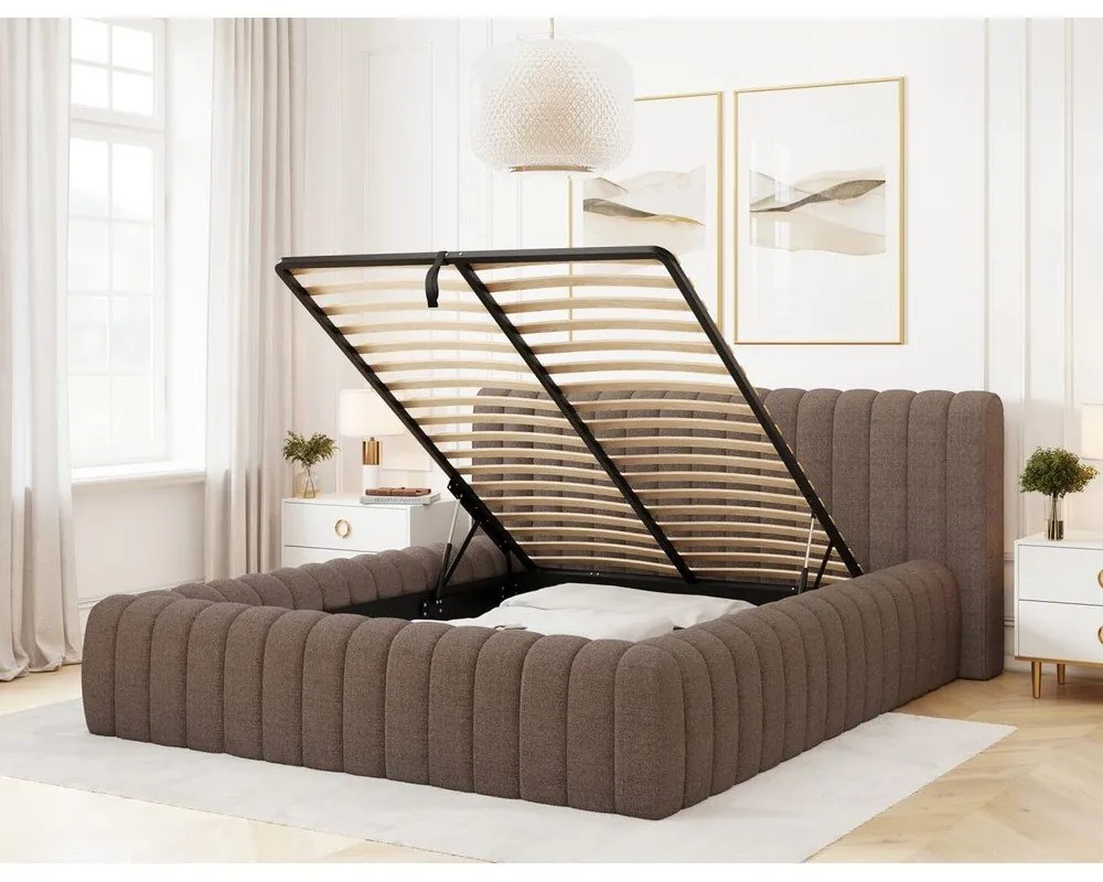 Letto matrimoniale imbottito marrone con contenitore e rete inclusi 180x200 cm Carilla – ELTAP