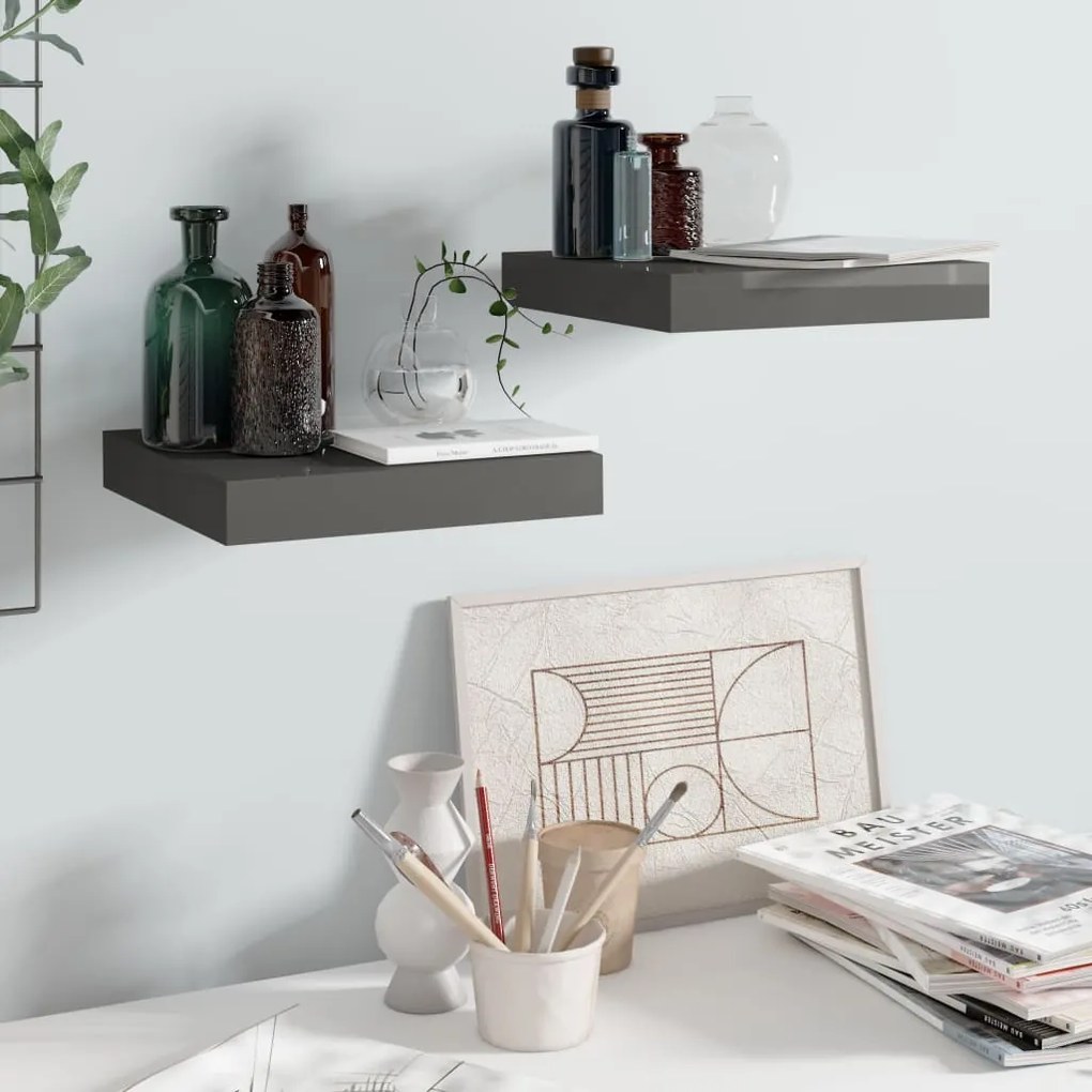 Scaffali A Parete 2 Pz Grigio Lucido 23x23,5x3,8 Cm İn Mdf /