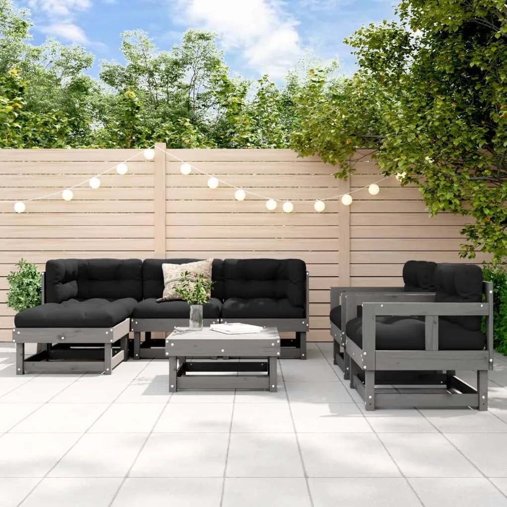 Set Divani da Giardino 7pz con Cuscini in Legno Massello Grigio