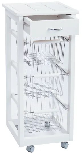 Carrello cucina SLIM in legno di faggio 3 cesti e 1 cassetto Bianco