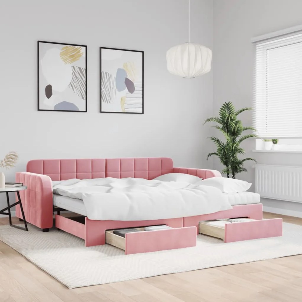 Divano Letto Estraibile Con Cassetti Rosa 90x200 Cm Velluto /