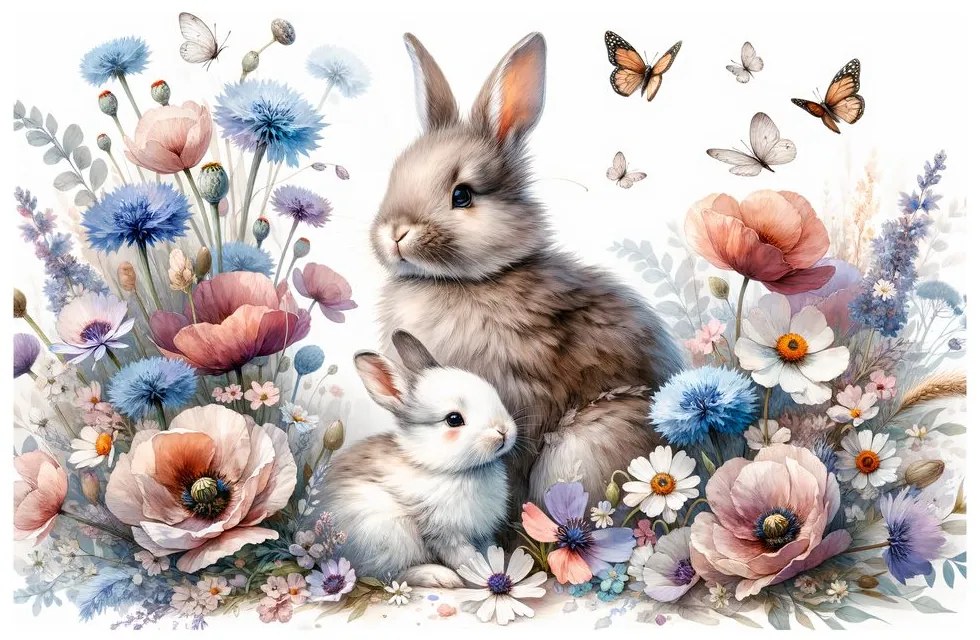 Quadro su tela – Coniglietti in giardino primaverile in fiore