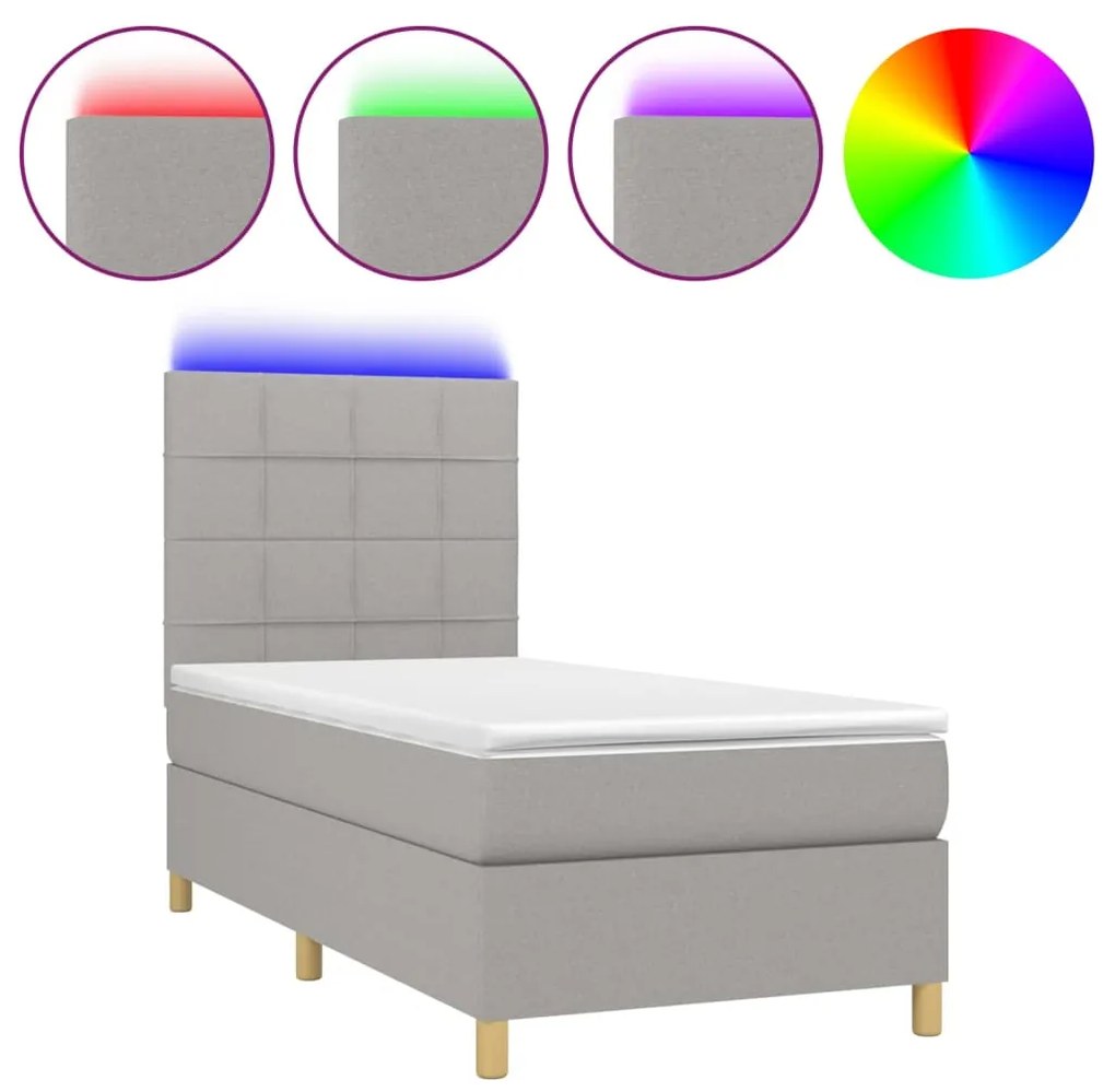 Letto a molle materasso e led grigio chiaro 90x190 cm tessuto