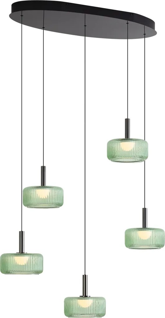 Lampada a sospensione di design color canna di fucile con vetro verde, LED integrato, dimmerabile a 3 fasi, 5 luci - Fiera