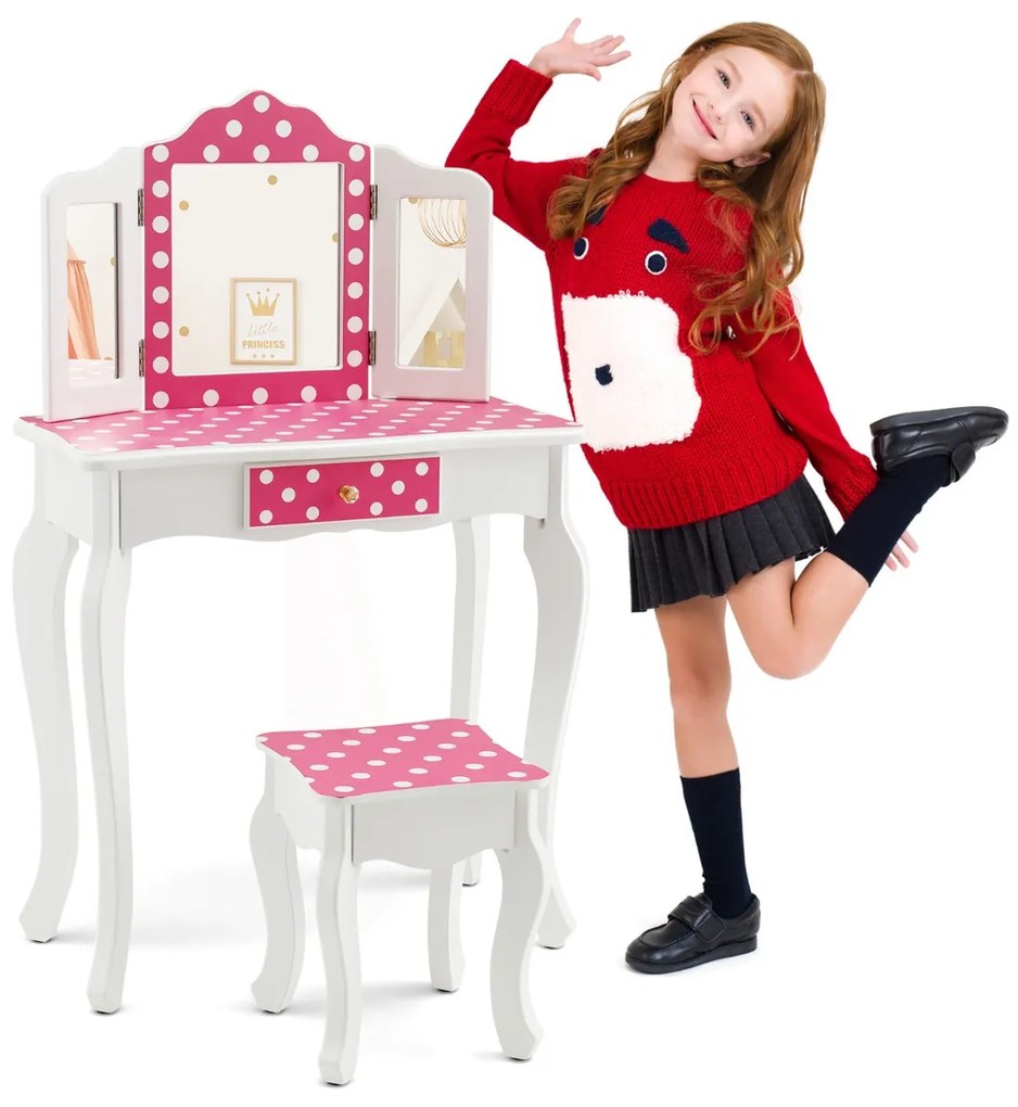 Costway Toeletta trucco per bambina con sgabello triplo specchio e cassetto, Tavolo per trucco con fantasia a pois Rosa