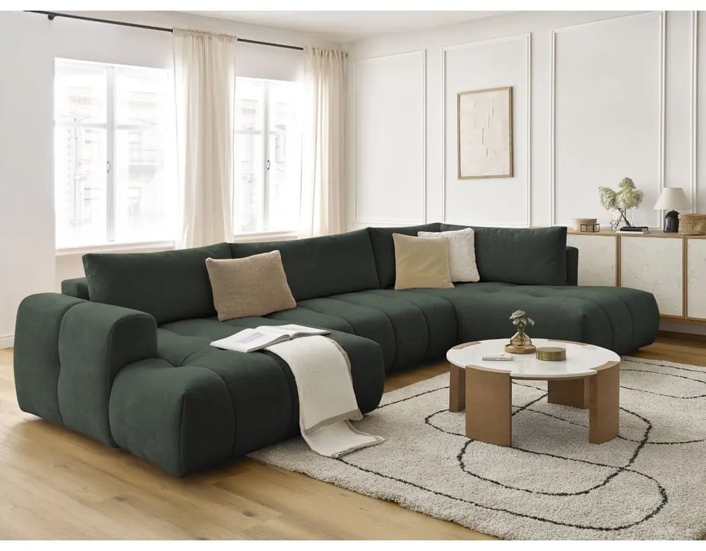 Divano angolare verde allungabile e con contenitore (penisola a destra/a U) con rivestimento in ciniglia Fuji – Bobochic Paris