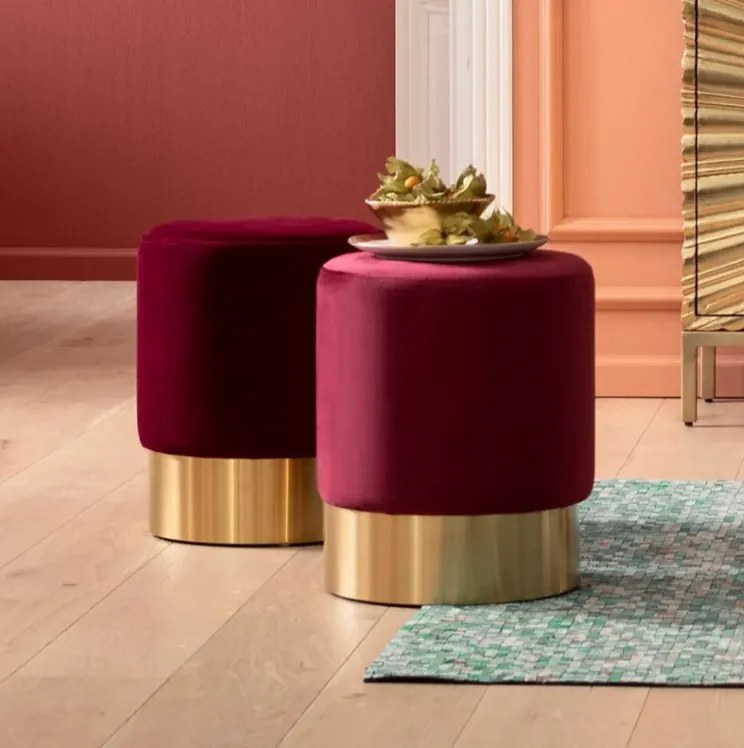 Cherry pouf sgabello 35 cm glamour moderno con fascia ottone e tessuto effetto velluto bordeaux