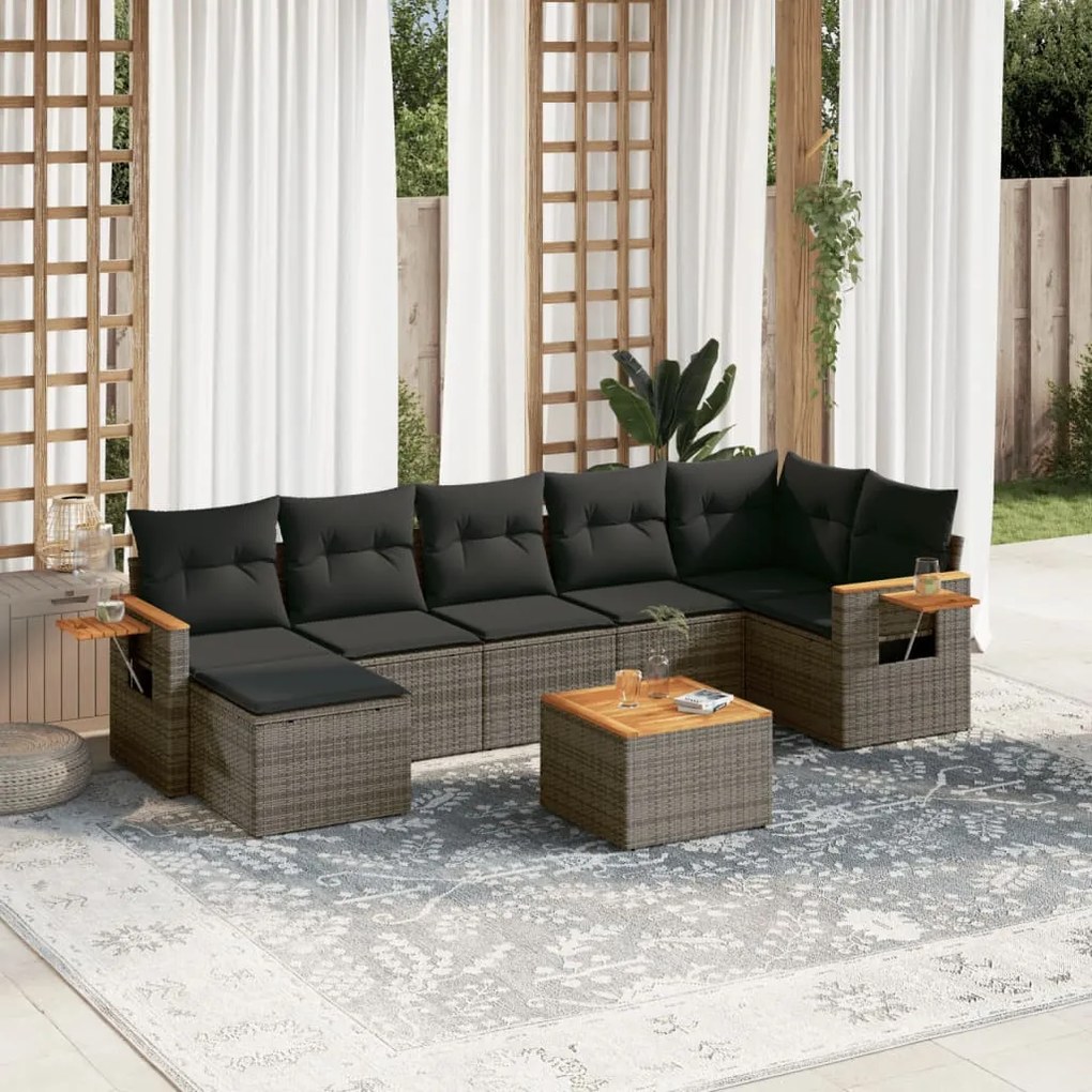 Set Divano da Giardino 8 pz con Cuscini Grigio in Polyrattan