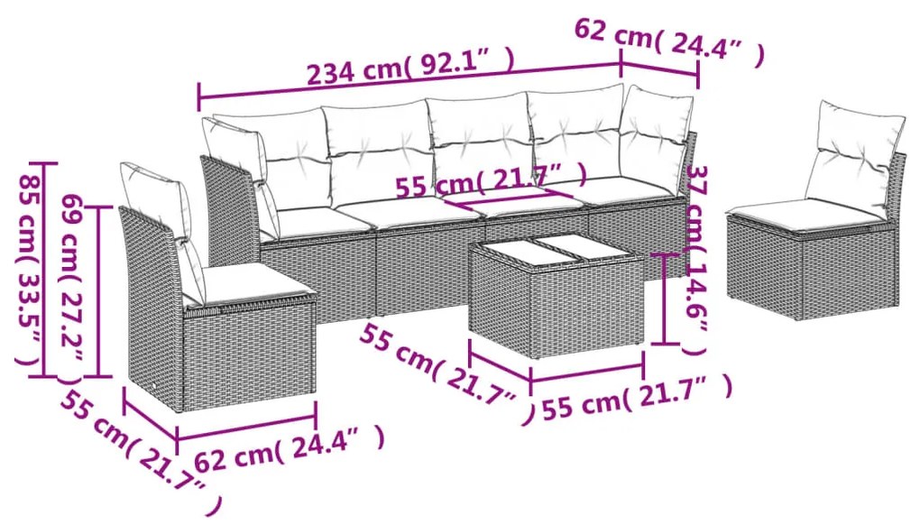 Set divani da giardino 7 pz con cuscini beige in polyrattan