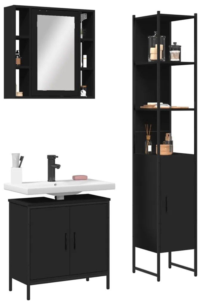 Set Di Mobili Da Bagno 3 Pz Nero İn Legno Multistrato /