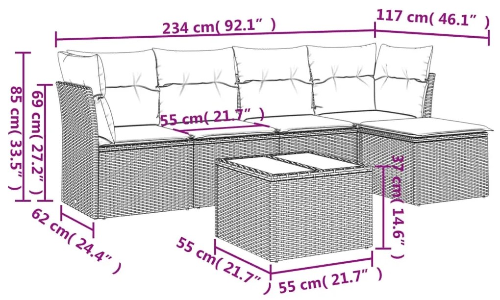 Set Divano da Giardino 6 pz con Cuscini Nero in Polyrattan