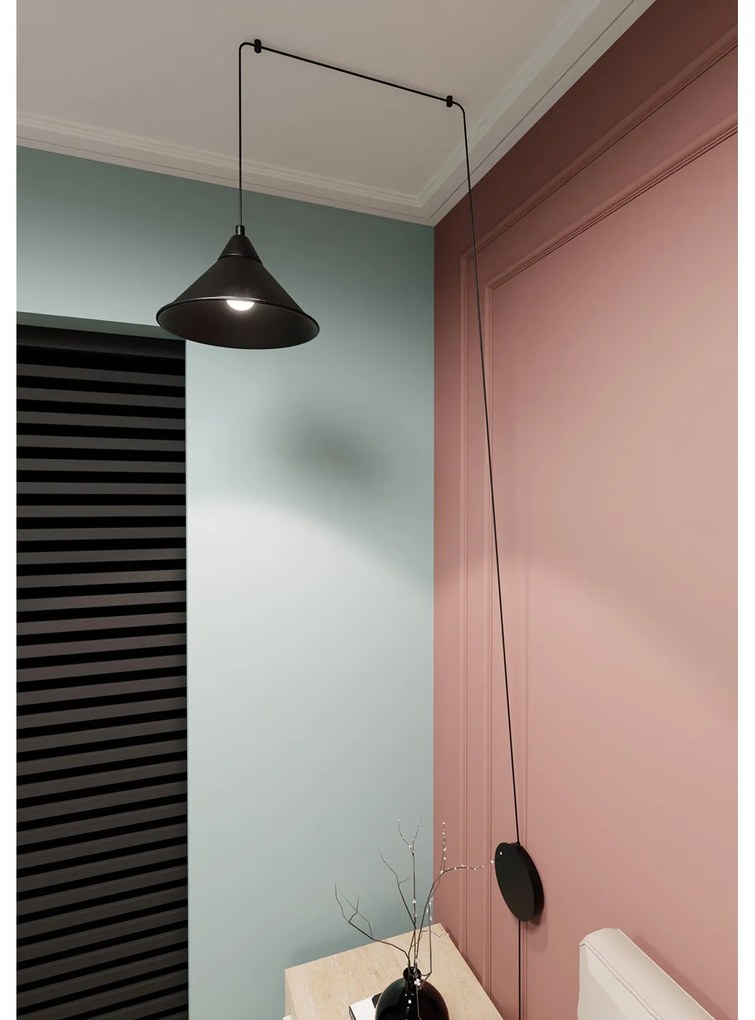Sospensione Minimal 1 Luce Fujin In Acciao Nero E Paralume A Cono
