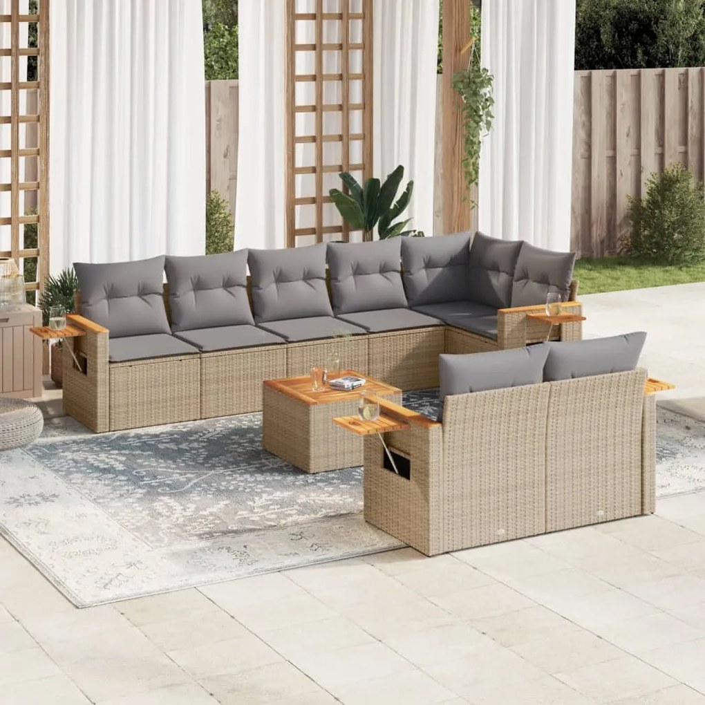 Set divano da giardino 9 pz con cuscini beige in polyrattan