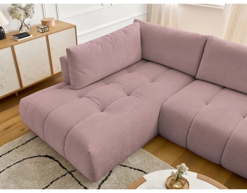 Divano angolare rosa allungabile e con contenitore (penisola a sinistra/a U) con rivestimento in ciniglia Fuji – Bobochic Paris