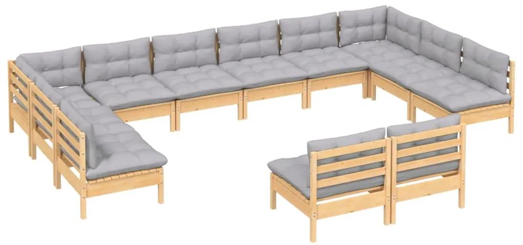 Set divani da giardino 12 pz con cuscini grigi massello di pino