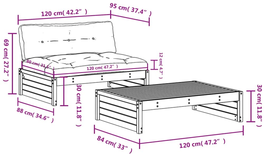 Set Divani da Giardino 2pz con Cuscini in Legno Massello Bianco