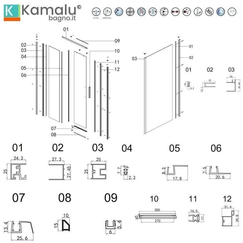 Kamalu - cabina doccia 3 lati 80x130x80 oro satinato anta scorrevole  | kla-4000g