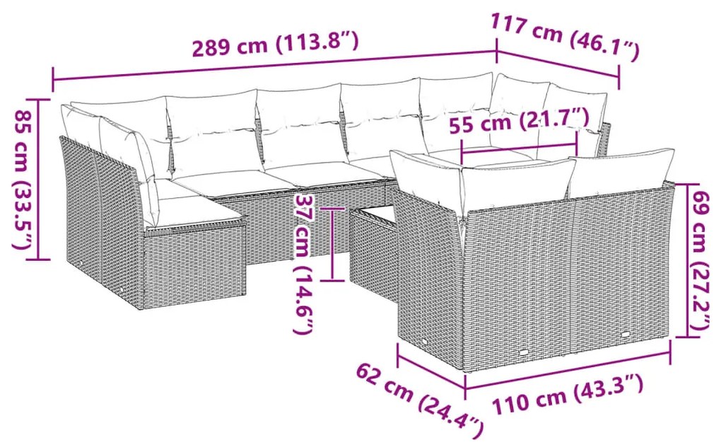 Set divano giardino 10 pz con cuscini grigio chiaro polyrattan