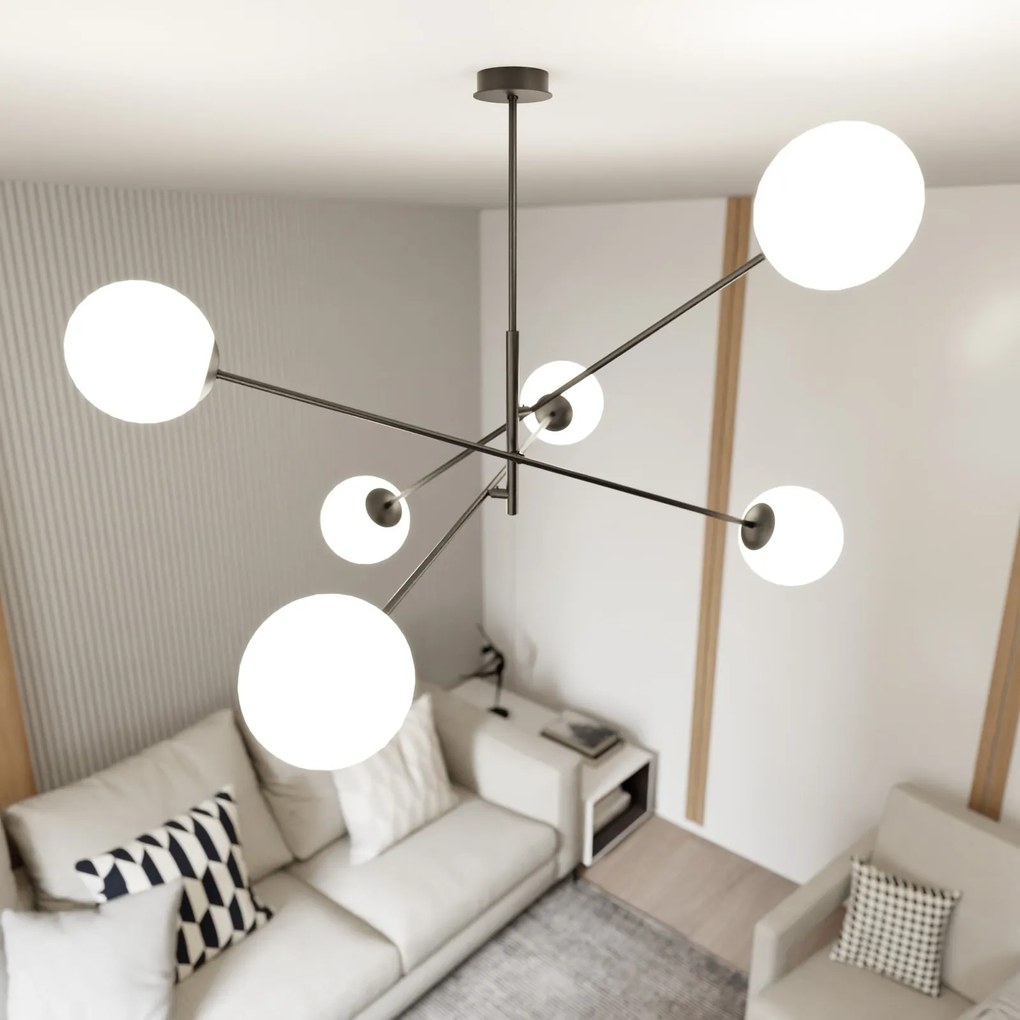 Lampadario 6 Luci Linear In Acciao Nero Con Bracci Regolabili E Vetro Opale