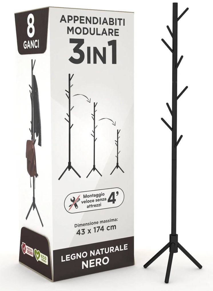 Appendiabiti in legno naturale, 8 ganci, modulare, 174 cm, Nero