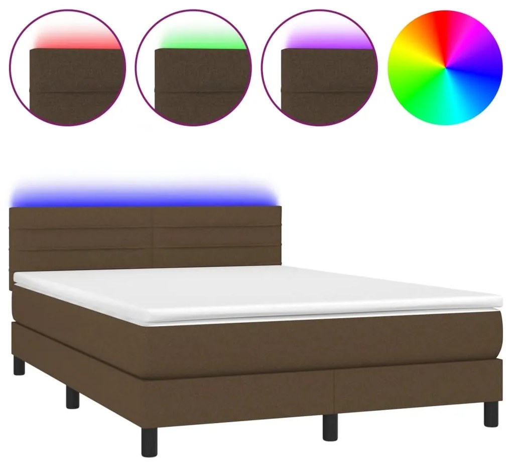 Letto a Molle Materasso e LED Marrone Scuro 140x200 cm Tessuto