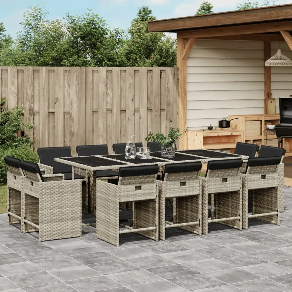 Set da pranzo da giardino 13pz con cuscini grigio in polyrattan