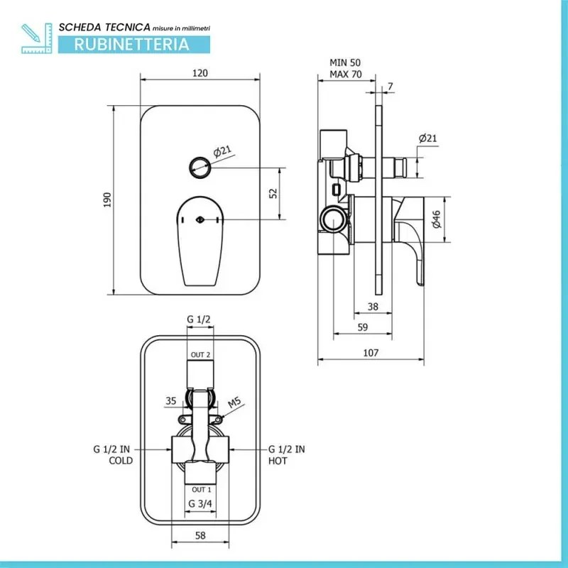 Set miscelatore lavabo bidet e doccia ad incasso con deviatore cromo lucido con piletta - Zyra