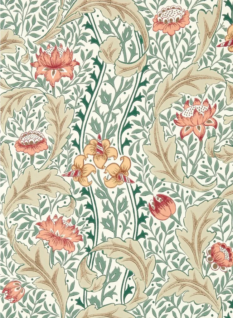 Morris & Co Carta da parati Wild Tulip & Vine - Coral/ Teal