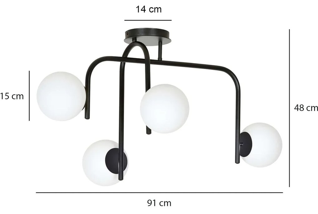 Lampadario 4 Luci Kalf In Acciaio Nero A Bracci E Sfere In Vetro Opalino