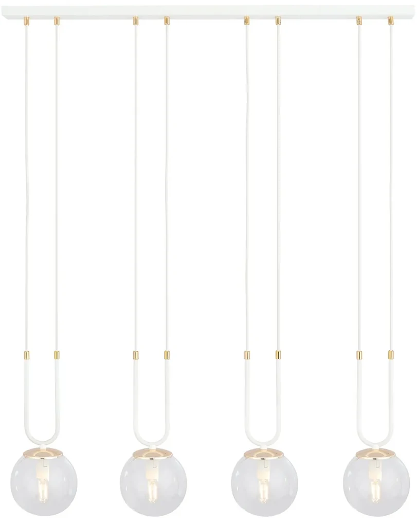 Sospensione 4 Luci Glam In Acciaio Bianco Oro E Sfera In Vetro Trasparente