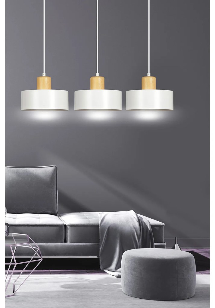 Sospensione Nordica 3 Luci Surya In Acciaio Bianco E Legno