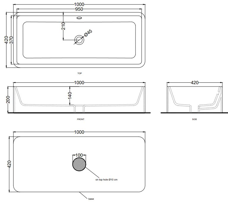 Cielo shui lavabo 100x42 da appoggio rettangolare con troppopieno in ceramica nero lucido