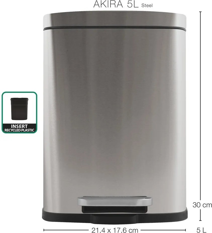 Cestino per la spazzatura color argento opaco in acciaio con pedale 5 l Akira – Spirella