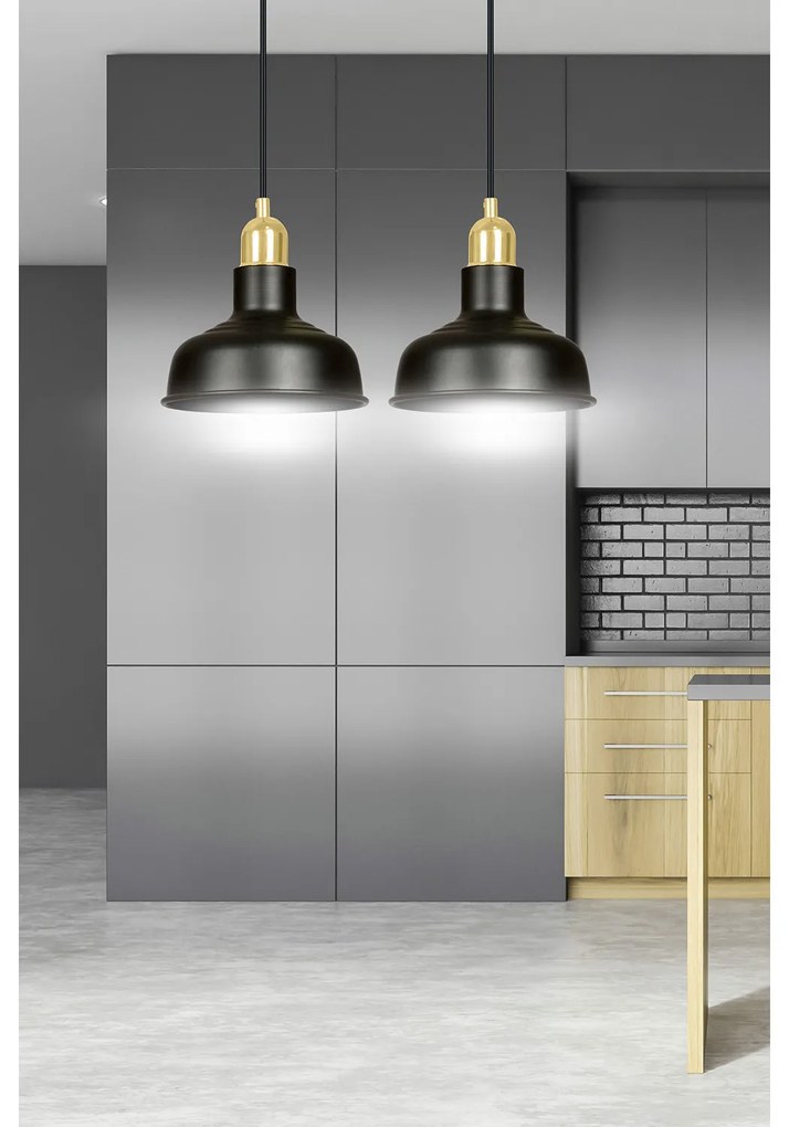Lampadario Industrial 2 Luci Kubera In Acciaio Nero Con Elementi In Oro