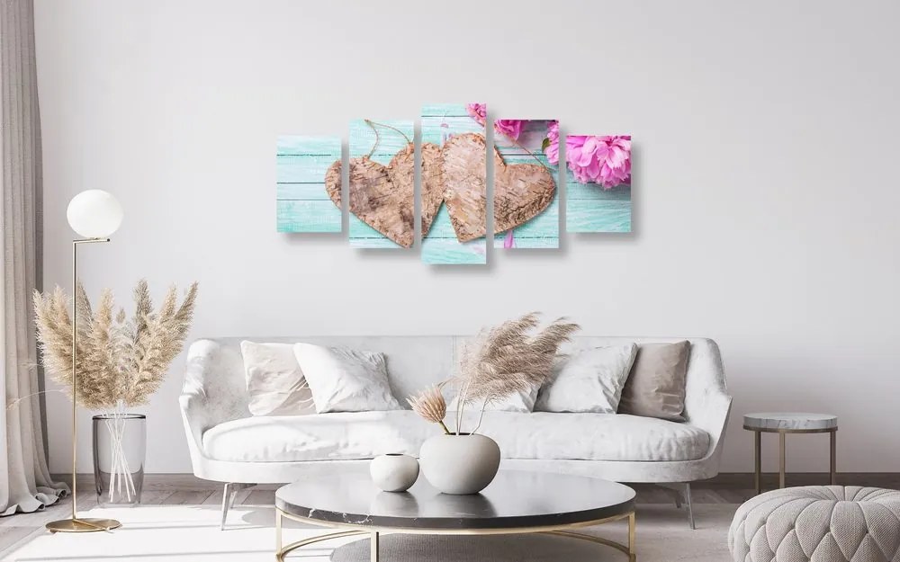 Quadri 5 pezzi – Peonie e cuori di betulla