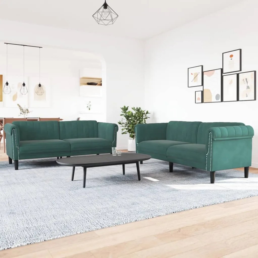 Set Di Divani 2 Pz Verde Scuro İn Velluto /