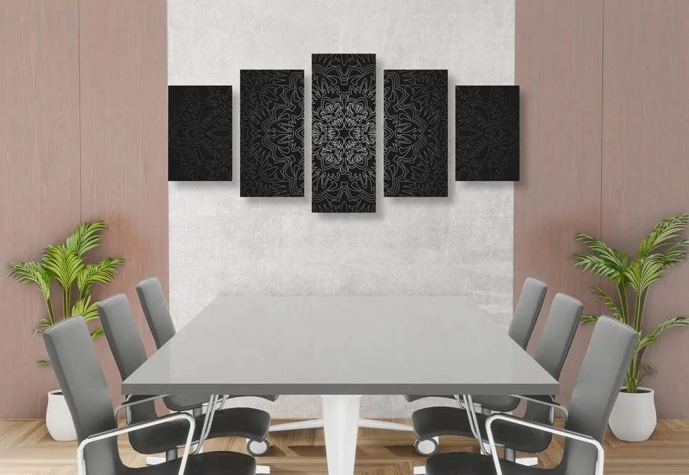 Quadri 5 pezzi – Mandala ornamentale in bianco e nero
